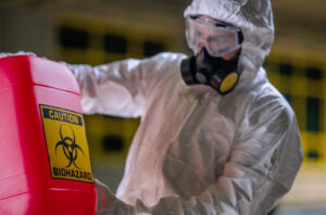 Technician in coveralls with hood, goggles, and mask holding a red container with biohazard symbol on it